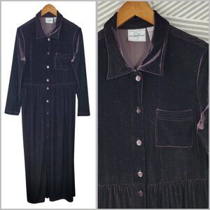 Vintage Velvet Shirt Dress size 10 Modest Velour Long Brown Button Front Stretch
